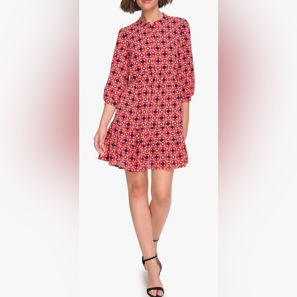 Eliza J Dresses & Skirts - Eliza J 3/4 Sleeve Crewneck Red Printed Mini‎ Shirt Dress with Ruffles Size 8